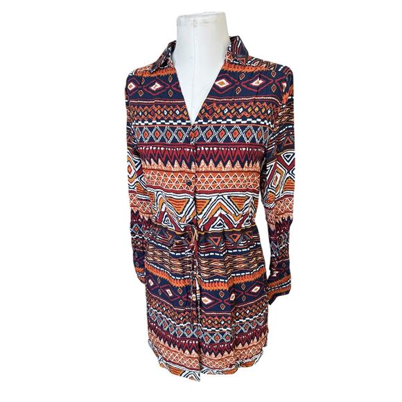 NEW Entro Women's Ikat Geometric Print Draw String Shirt Dress Boho Colorful S - Picture 6 of 7